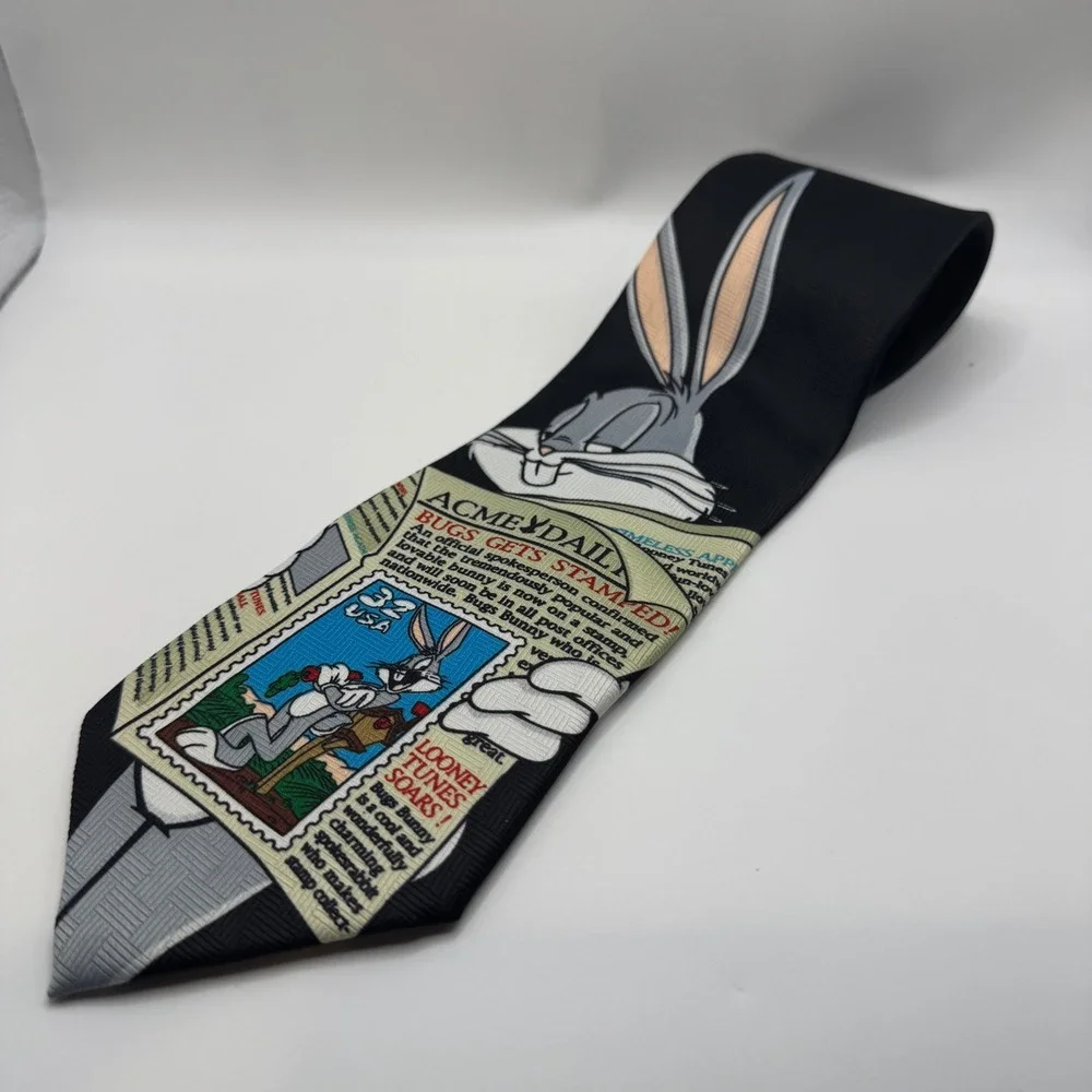 Looney Tunes OS Necktie Mens Black Bugs Bunny Stamp Collection Vintage 1997 ACME
